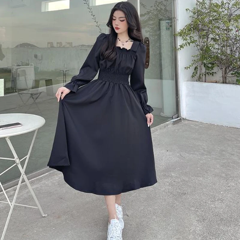 Black Vintage Elegant Long Dresses Women Spring Autumn Square Collar All Match Fashion Dresses Korean Casual Female Vestidos