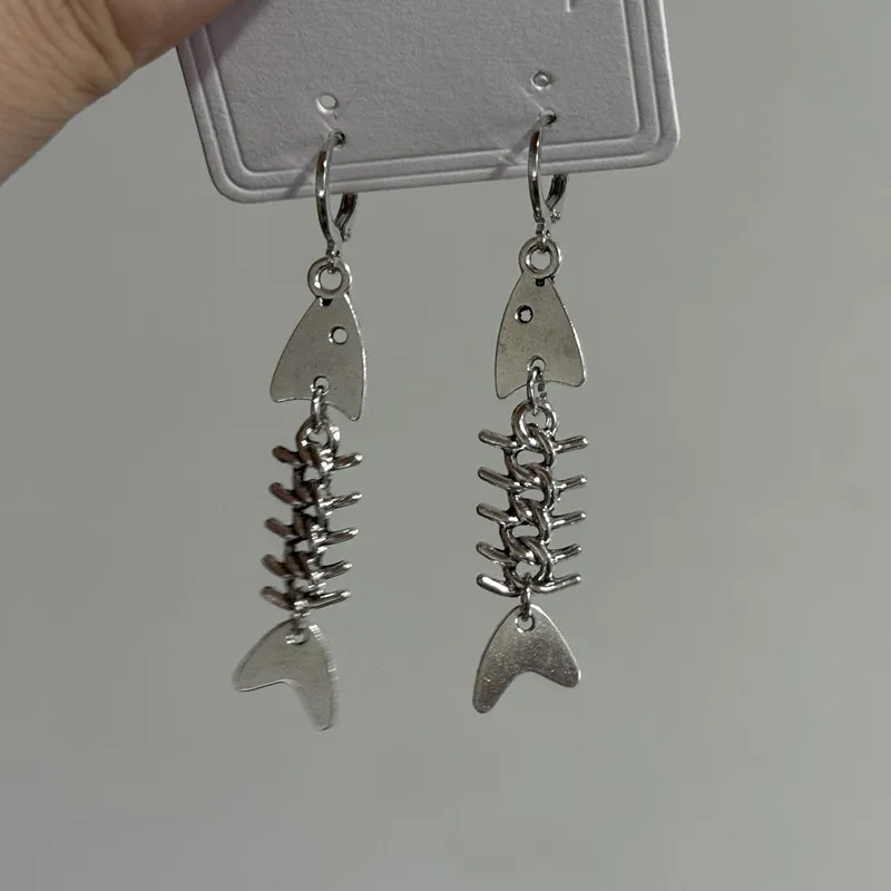 Barbed Wire Fish Skeleton Dangle Earrings Novelty Unique Funky Whimsical