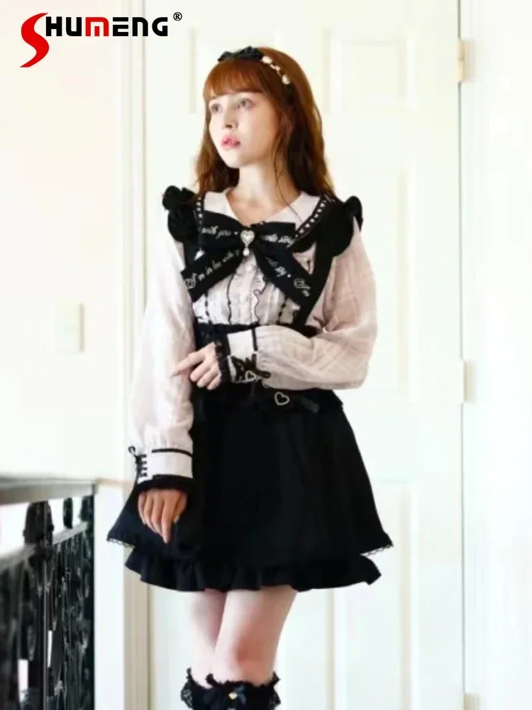 Japanese Cute Shirt for Lolita Women Elegant Embroidered Bow Sailor Collar Top Sweet Heart-Shaped Lace Sweet Long Sleeve Blouse