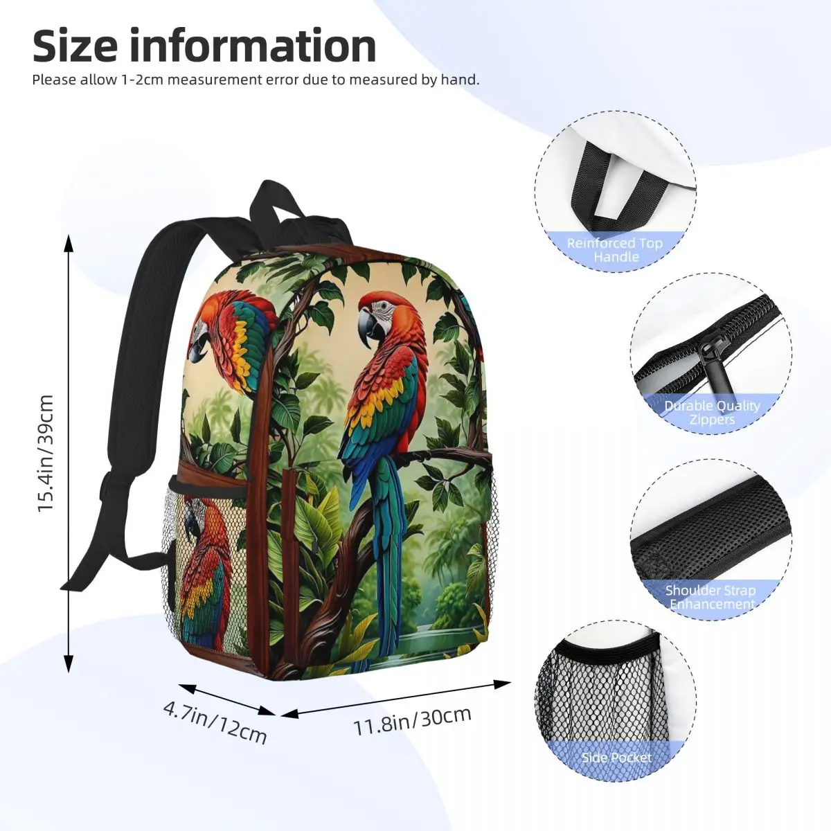 Cute Macaw Parrots Backpack Daypack Large Capacity Boys Girls BookBag Shoulder Bags for Men Women Children School Bag