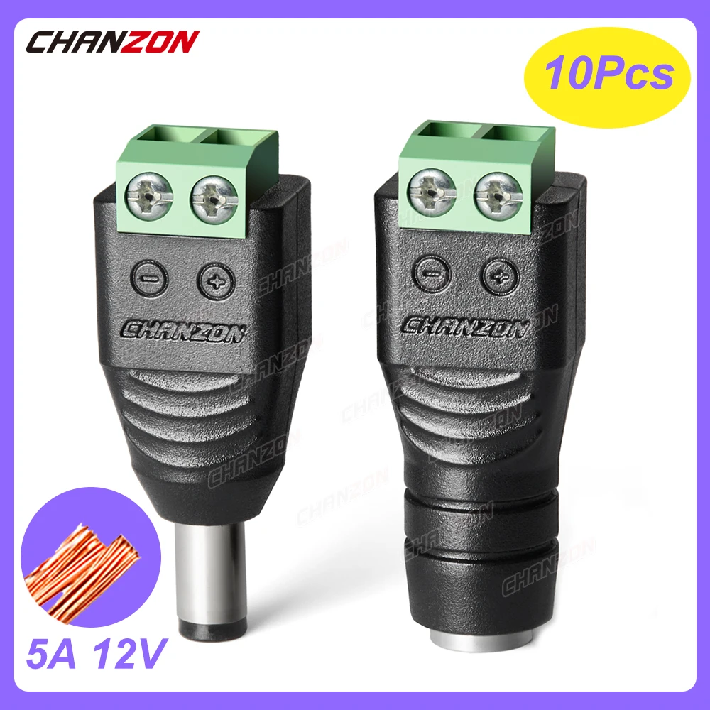 

10pcs 12V DC Power Connector Jack 2.1mm x 5.5mm Female Male 2.1x5.5mm Plug Socket Screw Adapter for LED Strip CCTV Camera