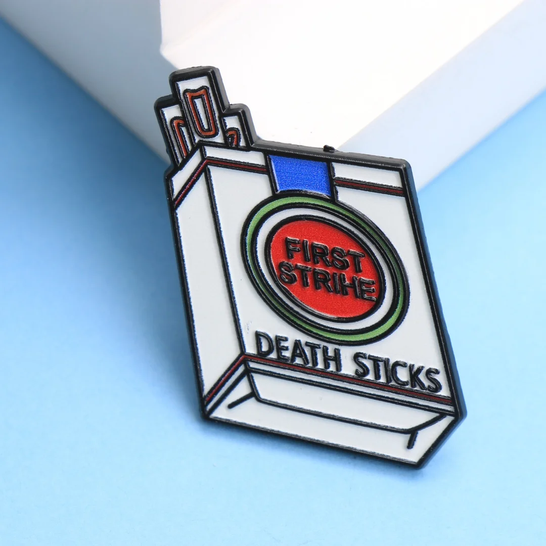 FIRST STRIKE DEATH STICKS Enamel Pin - Cartoon Punk Cigarette Pack Lapel Badge for Backpack DIY Gift
