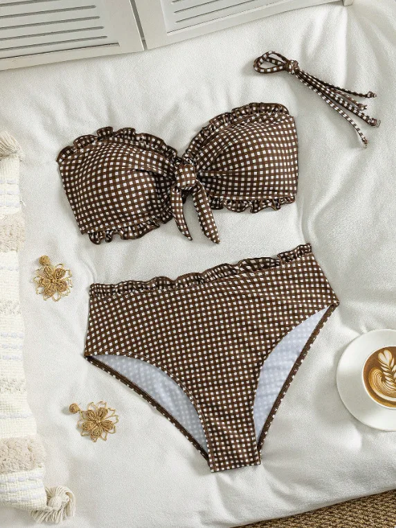 Vintage Coffee Plaid Print Bikini Set Women Bandeau Front Tie Push Up Bra High Waist Swimwear 2026 Beach Bathing Suit Swimsuit