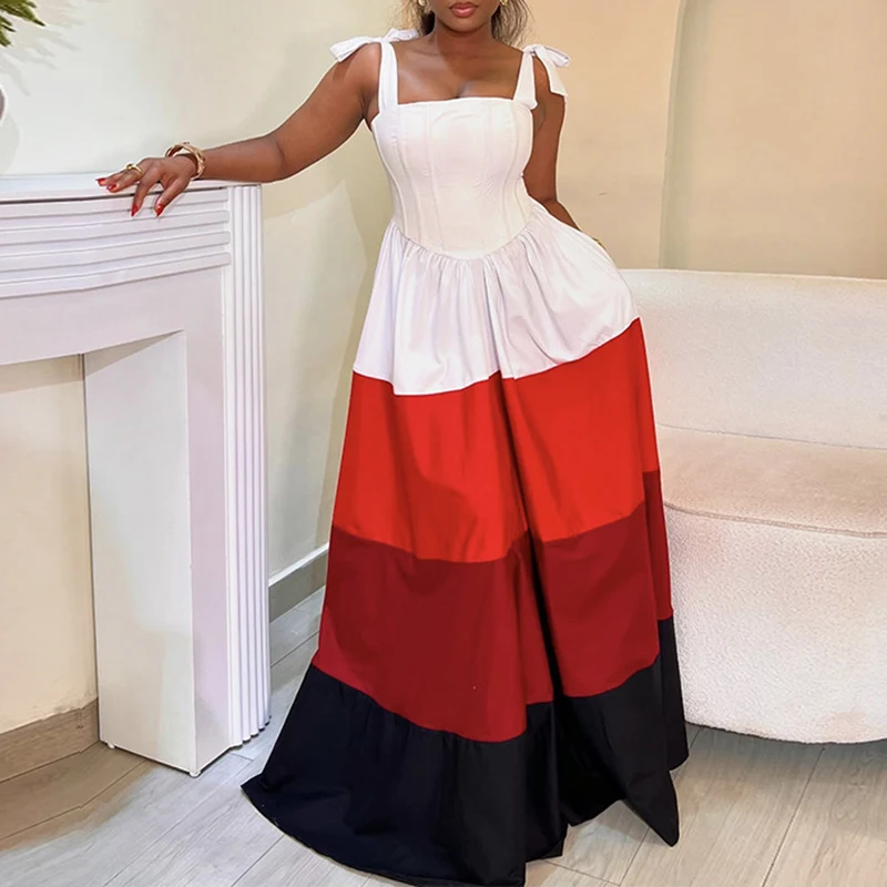 

Trendy Striped Print Contrast Suspender Dress Spring High Waist Loose Lace Up Long Dress Women Summer Loose Swing Evening Dress