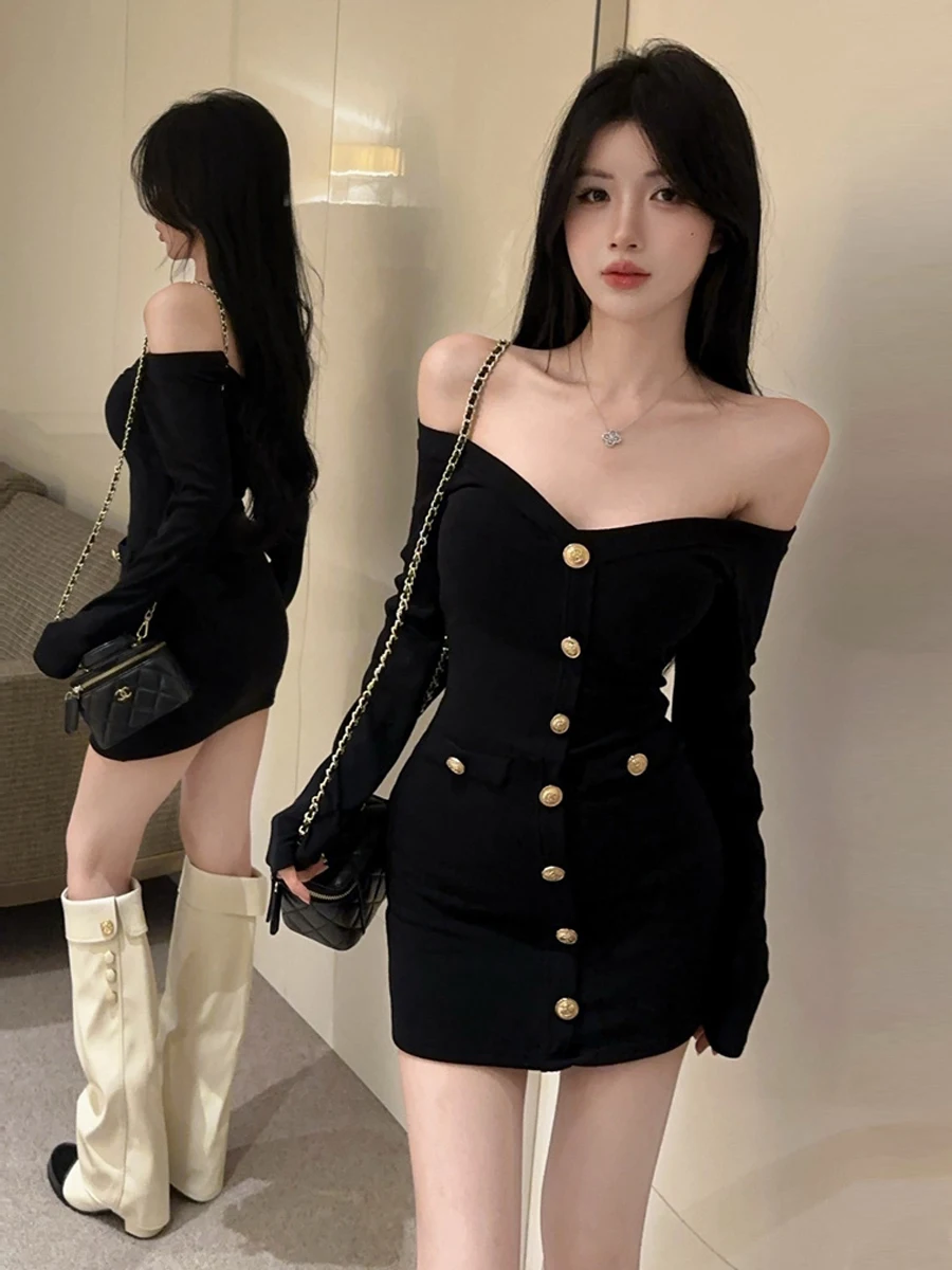 

Sexy Long Sve V-Ne oulder Dr Waist Cinched Butt Hing Skirt Metal Bule Pure Desire Lady Girl Spring Summer