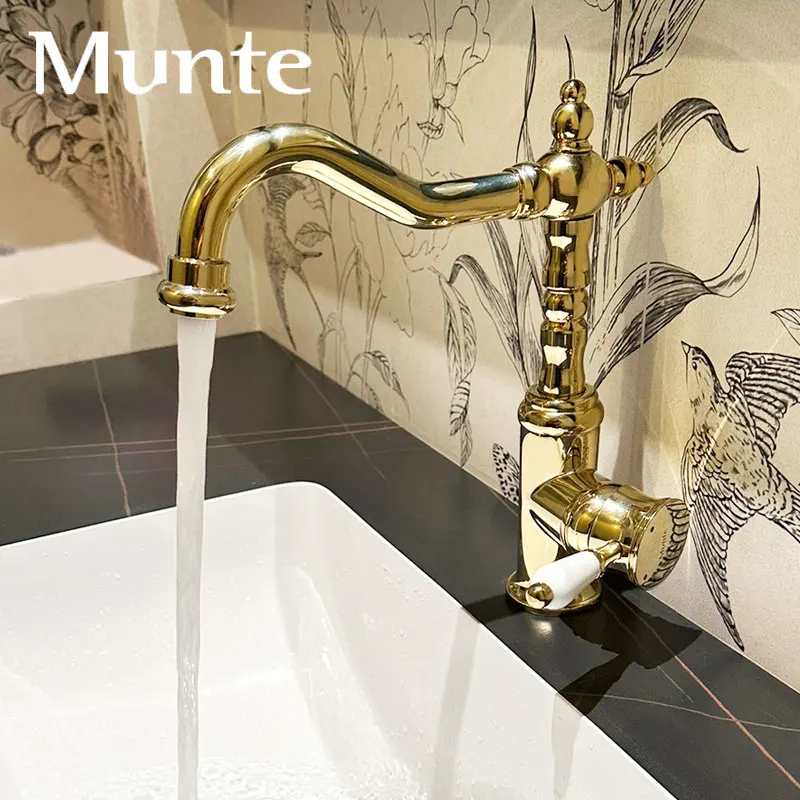 Golden Retro European Brass Basin Cold and Hot Water Faucet with Rotatable Outlet Pipe
