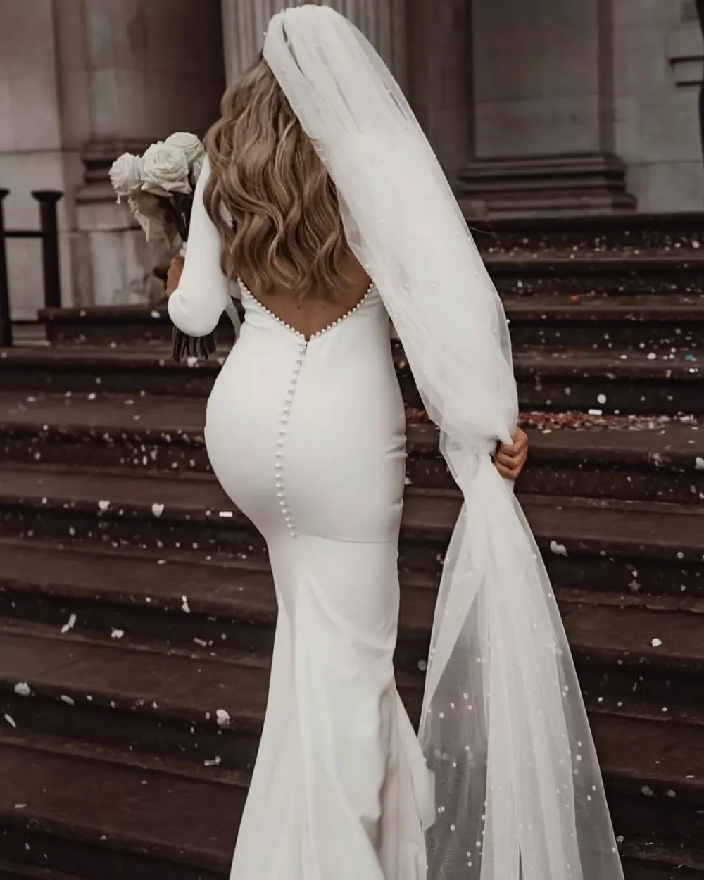 Backless Mermaid Wedding Dress Long Sleeve Pearls Crepe Simple Plain Bridal Gowns for Bride vestido de novia civil Customized