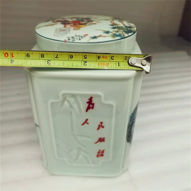 Pot de rangement en porcelaine ancienne de Chine avec motif de figurine rose et poésie du président Mao, article de collection rare pour les études culturelles