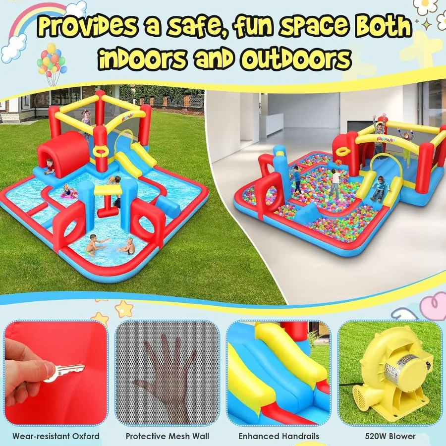 Aufblasbares Hüpfhaus 9-in-1-Labyrinth-Wasserpark mit geteiltem Spritzbecken, Tunnel, Sprungbereich, Basketballkorb, Hindernis und 520 W Blo