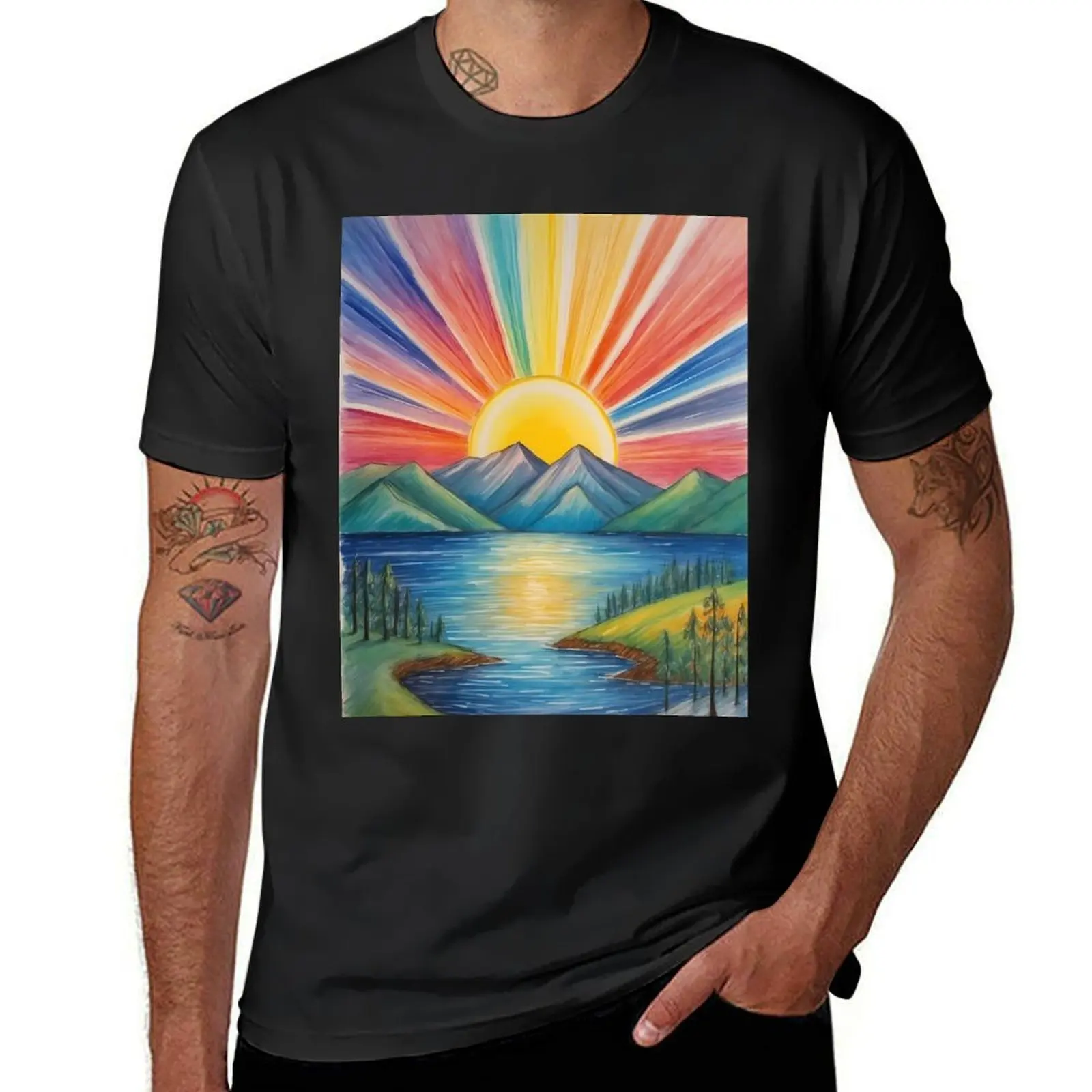 Sunrise Spectrum: Radiant Dawn over Mountain Lake T-Shirt oversized plus size tops mens clothing