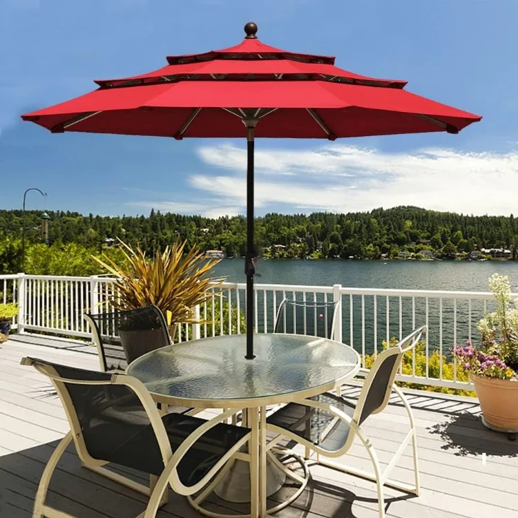 USA 9Ft 3 Tiers Market Umbrella Patio Umbrella Outdoor Table Umbrella with Ventilation, Logo Red