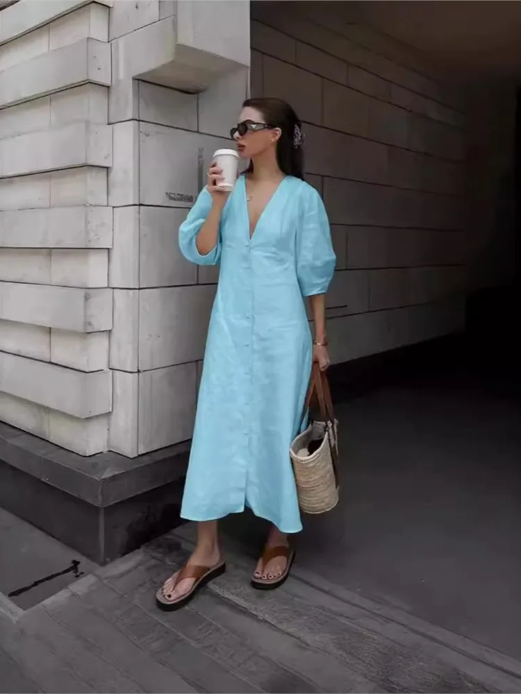 

Elegant Light Mature Style Long Dress Cotton Linen V-neck Bubble Sleeves Backless Thin Belt Dress Spring Autumn Style Long Dress