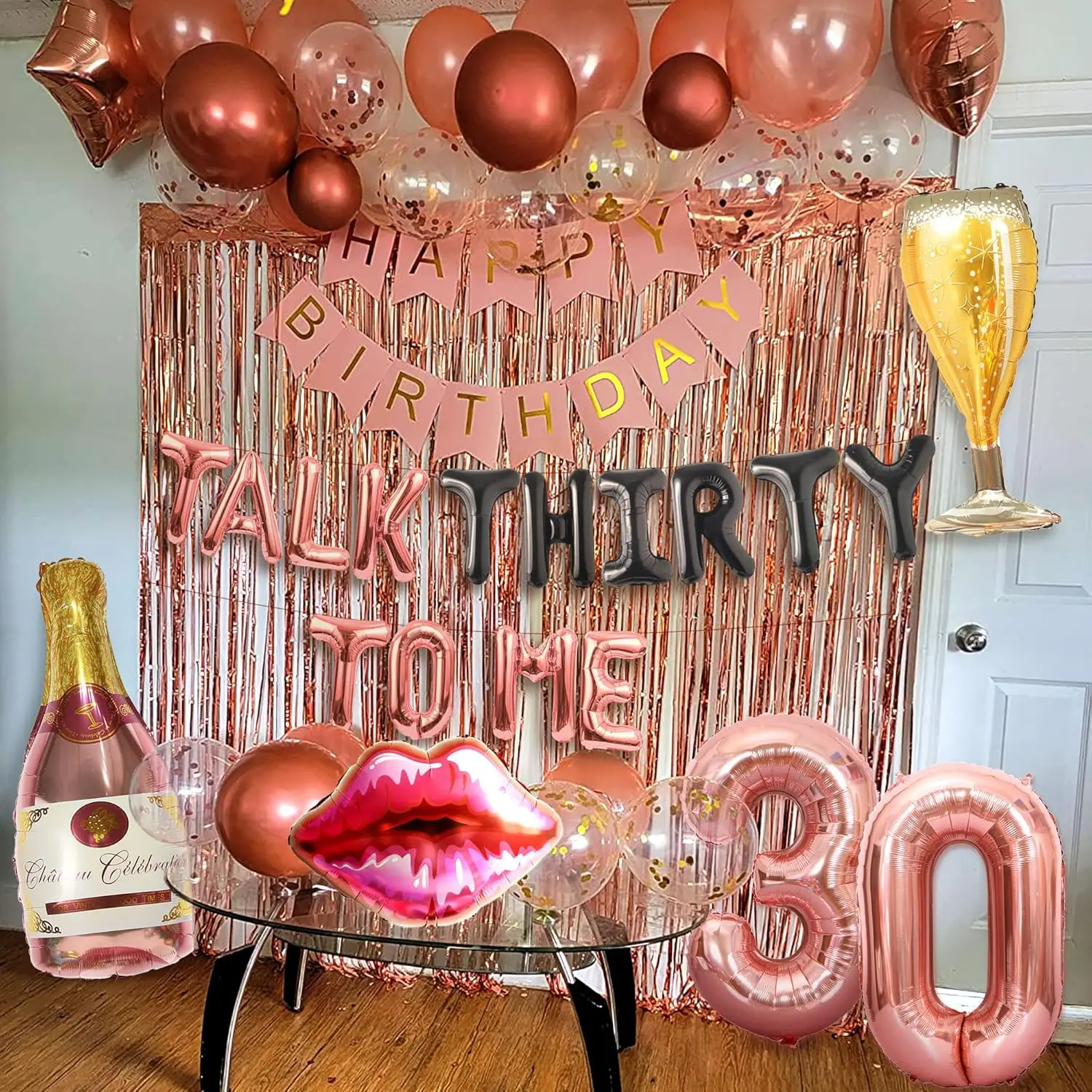 LaVenty 27 PCS Rose Gold Talk 30 to Me Balloons Talk 30 to Me Birthday Decoration Talk Thirty To Me Backdrop