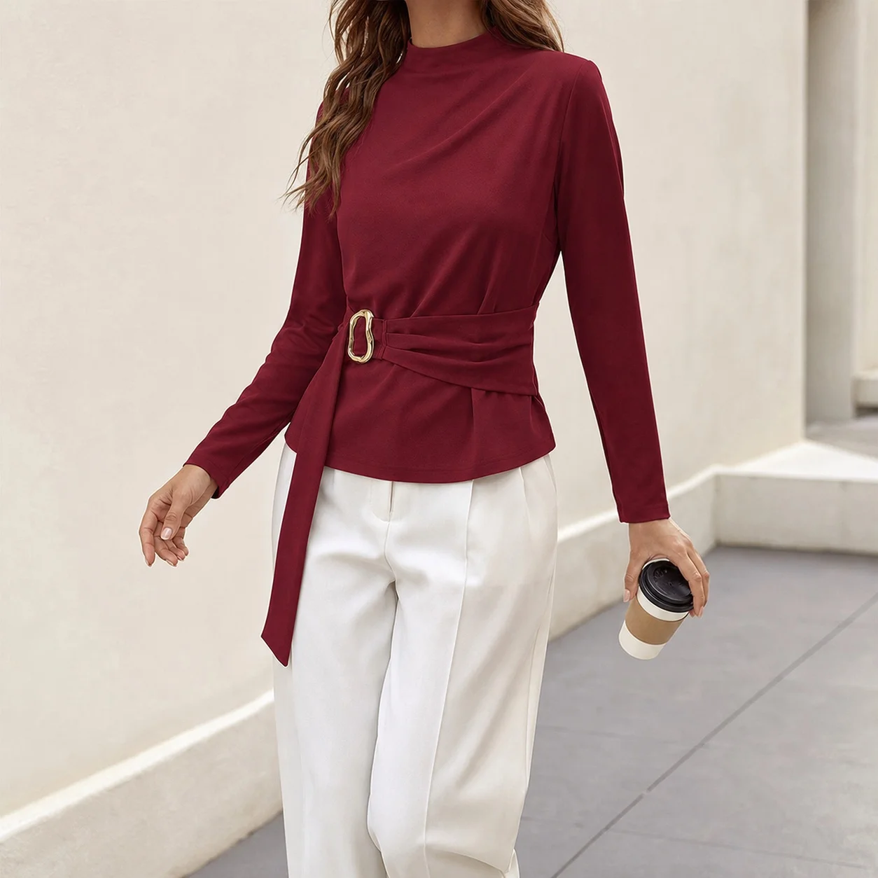Damen Casual Slim Fit Strick-Rollkragenbluse Einfarbig mit Selbstbindegürtel Figurformendes Langarm-Shirt Top mit Wickeldetail an der Taille