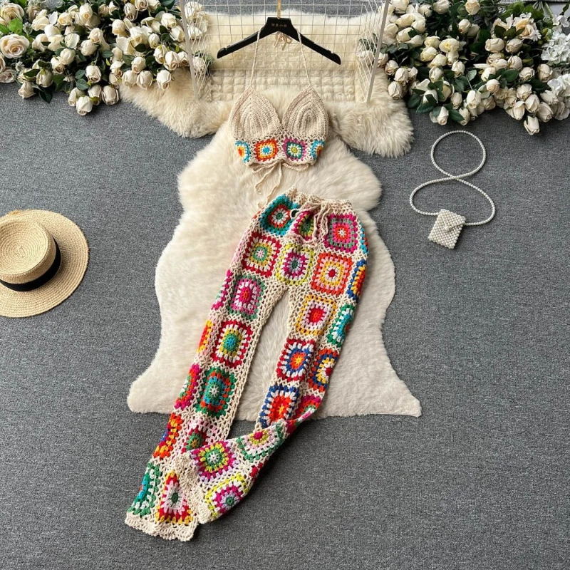 

Knitted color blocking two-piece set women's summer new retro heavy industry hook flower suspender top casual wide leg pants