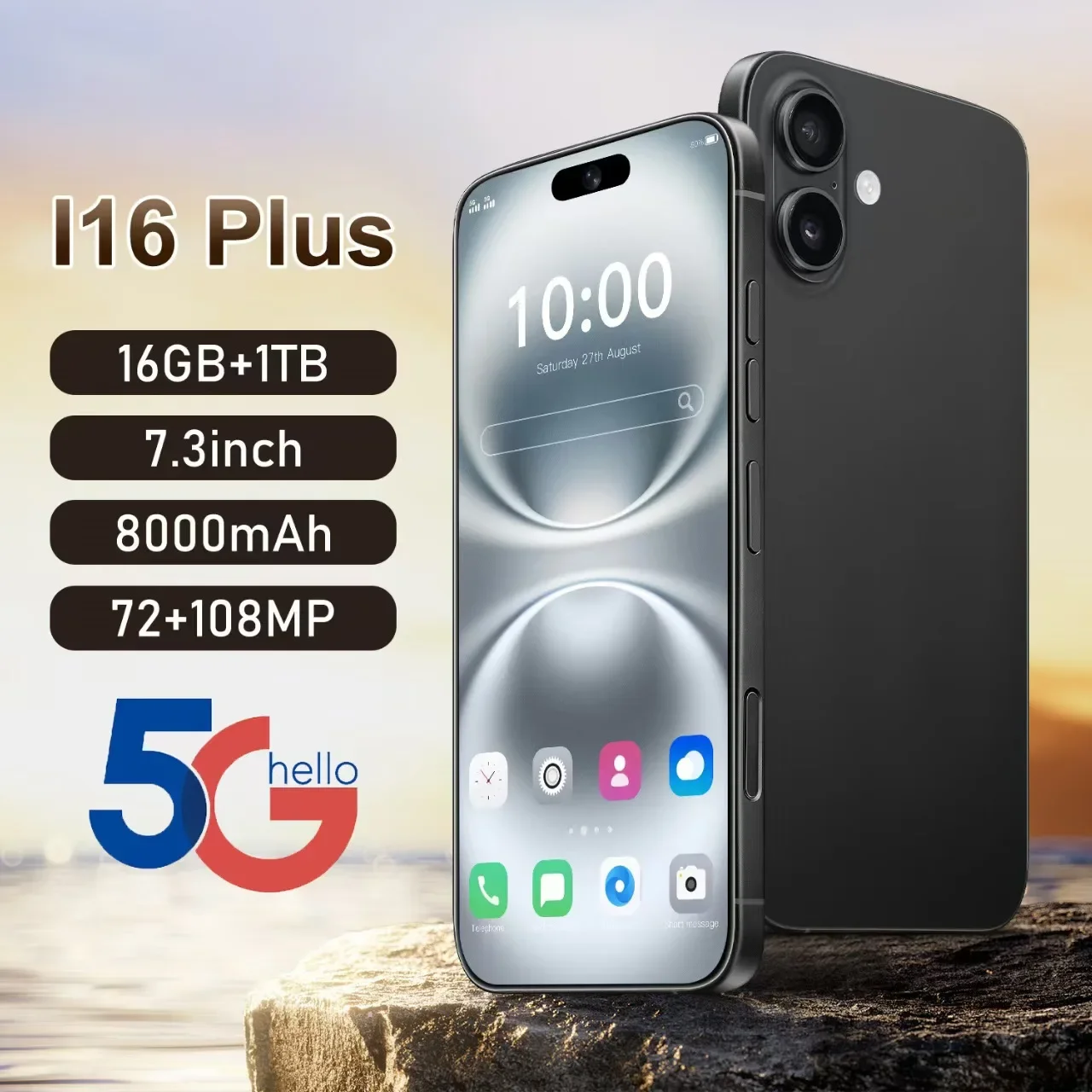 Global Version High Quality I16 Plus 5G Android Smartphone 16GB+1TB 7.3 Inch HD Screen 8000mAh 108MP Dual SIM Unlock Phone