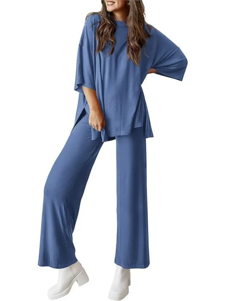 

New Casual Short Sleeve Top And Wide Leg Pants Two Piece Sets Women's Fashion Comfort Homewear Sweatshirt Solid Color Loose Set