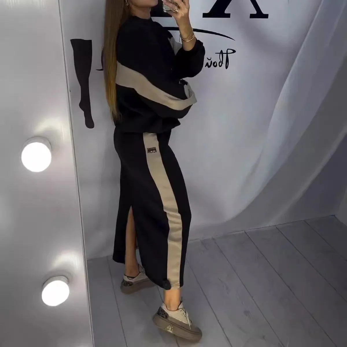 Color Matching Loose Casual Sweatshirt Set Dress Women's Fashionable Splicing Slit Mid-length Skirt Sweatshirt 2-piece Suit