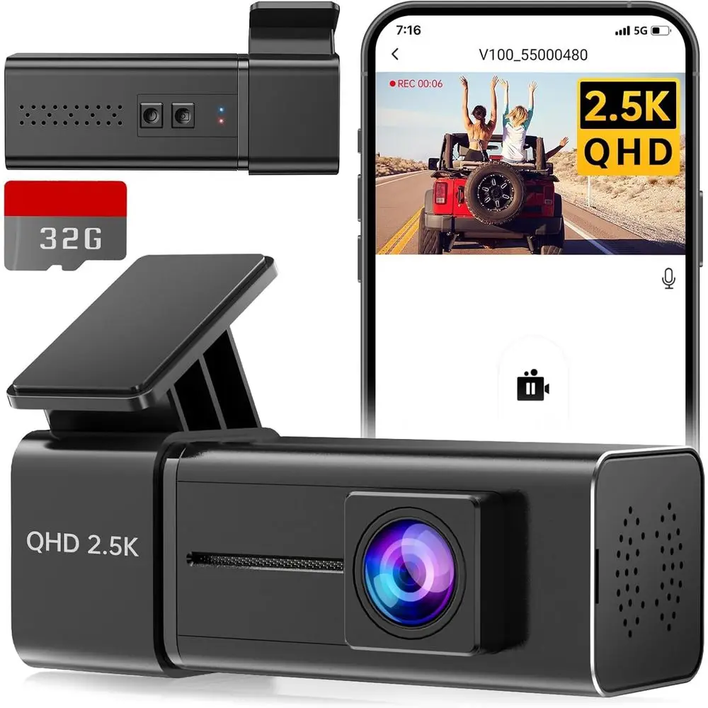 

2.5K HD Car Dash Cam with App, G-Sensor, Loop Recording, Night Vision, 24H Parking Monitor, 32GB SD Card, Supports Up to 256GB