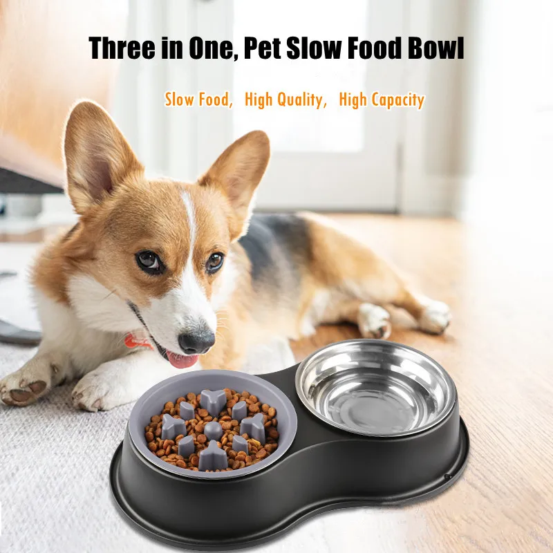 3 In 1 Triple Dog Bowl Removable Stainless Steel Pet Slower Food Bowl Anti-choking Food Water Feeder For Dogs Cat Accessories