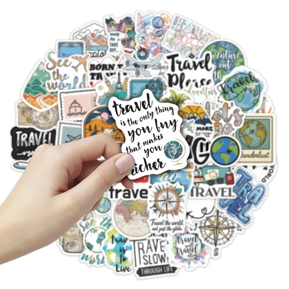 Cute Cartoon World Travel Stickers Waterproof PVC Self-Adhesive Decorative Decals for DIY Scrapbook Notebook Phone Cover Luggage