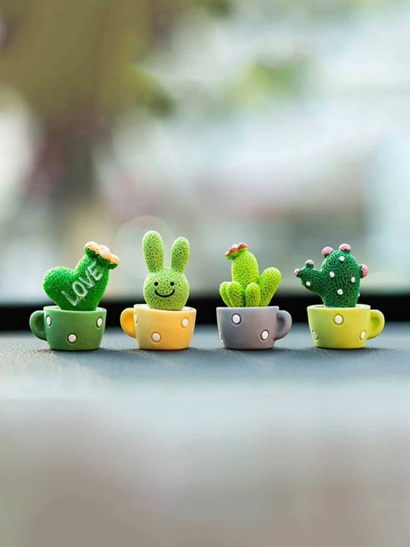 

Набор из 4 милых мини-фигурок кактусов и кроликов в кружках в горошек для декора приборной панели автомобиля