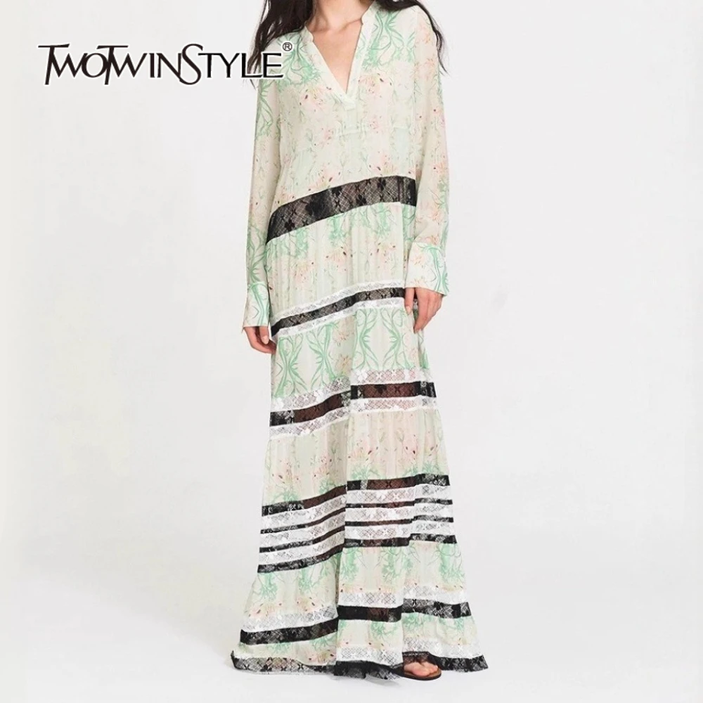 TWOTWINSTYLE Afdrukken Losse Sheer Spliced Lace Casual Jurken voor Vrouwen V-hals Lange Mouwen Mode Jurk Vrouwelijke Kleding Nieuwe