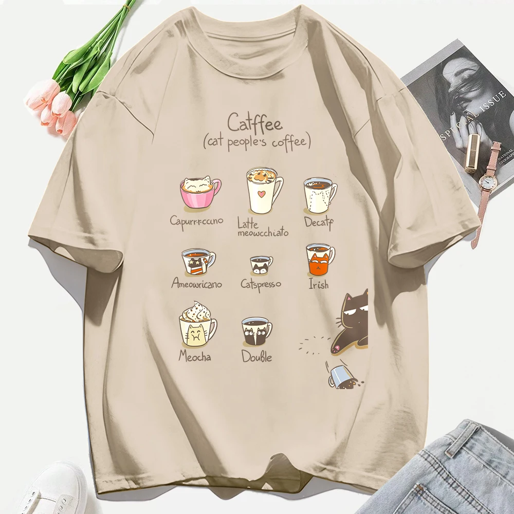 Cat People'S Kaffee Illustration Druck T-Shirt Frau Sommer Baumwolle T Shirts Y2K Weiche Bequeme Top Unisex Hip Hop Kleidung