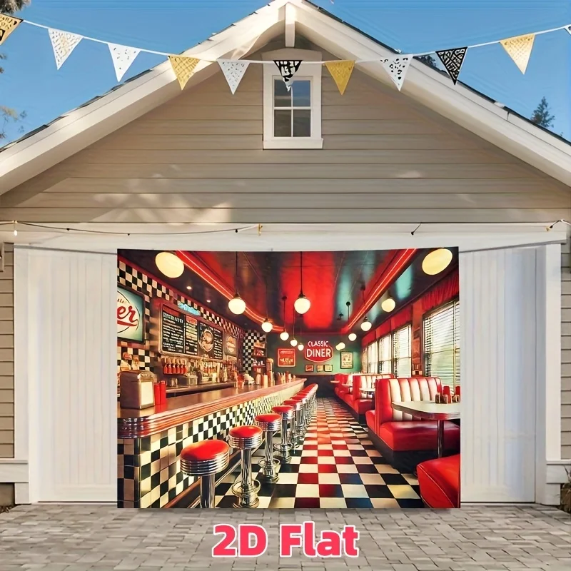 2D-Retro-Wandbild im amerikanischen Restaurant-Stil – Fotohintergrund aus Polyestergewebe im Stil der 1950er Jahre, mit kariertem Boden und Neonlichtern – Detail 6