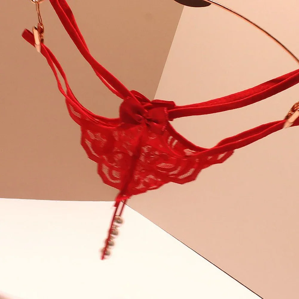 Roupa íntima feminina sexy TBack Pearls Hollow TPants alças finas calcinha com laço