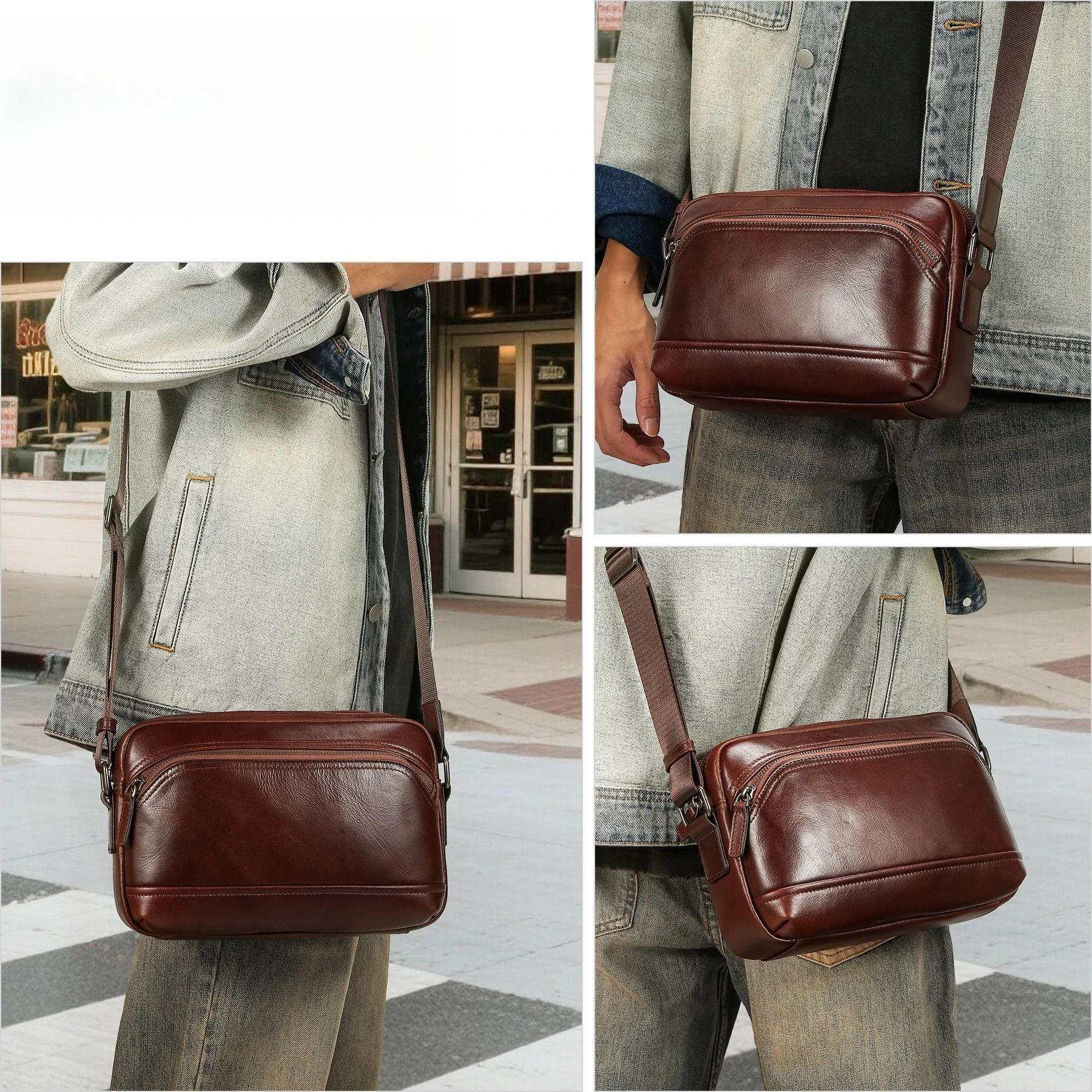 Men's genuine leather square multi-pocket single-shoulder bag, lightweight and multi-functional travel crossbody bag