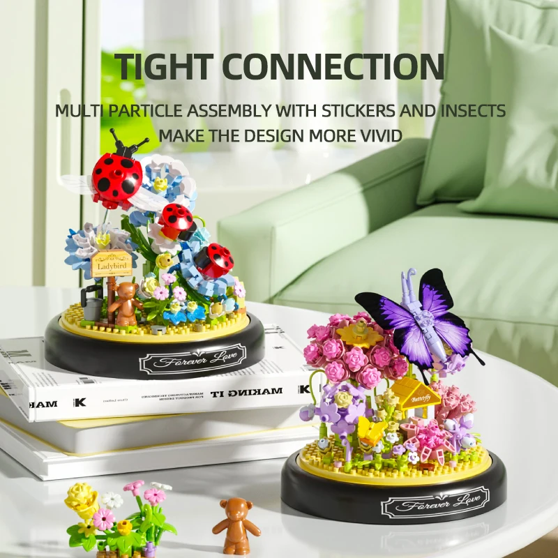 Insect Plant Potted Model Building Blocks Set Bee Butterfly Flower Bonsai Bricks With Dust Cover Diy Toys For Kids Holiday Gifts