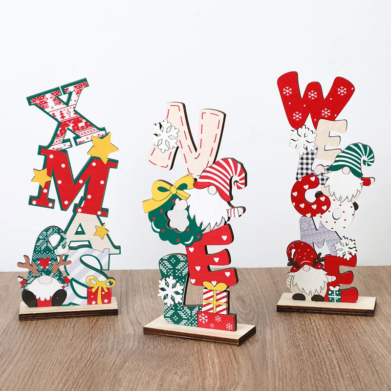 Christmas Desktop Ornaments Wooden Craft Cartoon Red Green Xmas Noel Welcome Letter Printed Christmas Party Decor Welcome Stand