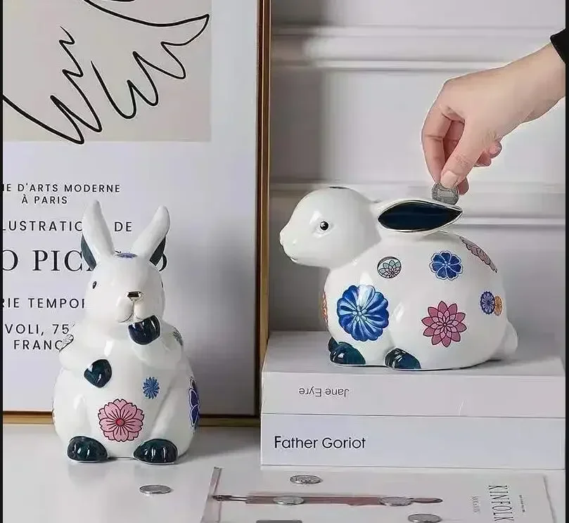 Rabbit Ceramic Ornament Piggy Bank Home Decor Accessories Statue Knickknacks Statuette Display Figurines Decoration Crafts