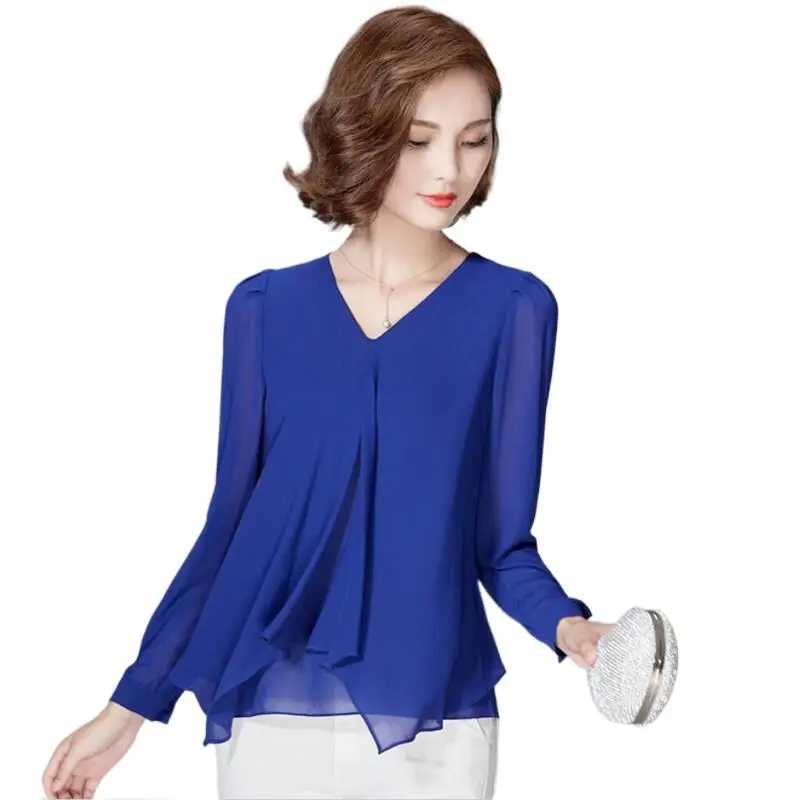 

2024 New Summer Spring Women Tops Office Lady Chiffon Blouses Full Sleeve V-Neck Women Career Shirt Tops -