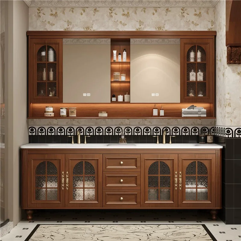 Factory Direct 2026 American medieval style double basin bathroom cabinet combination floor-to-ceiling French retro washbasin to