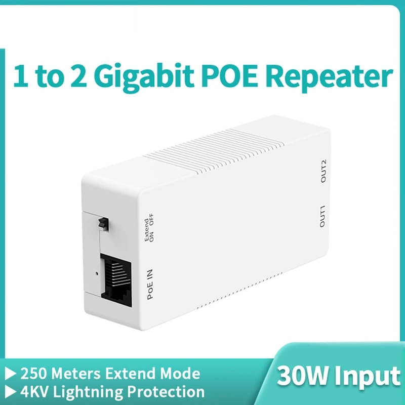 2 Port Gigabit POE Repeater 100/1000M 1 to 2 PoE Extender with IEEE802.3af/at PlugandPlay 48V for Surveillance Camera AP-TCES