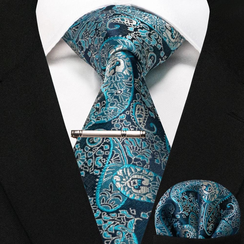 JEMYGINS Business-Krawatte für Herren, Seidenkrawatte in Marineblau, gestreifte Paisley-Krawatte, Einstecktuch, Krawattenklammern, Set für Hochzeit, Party, Geschenk – Detail 32