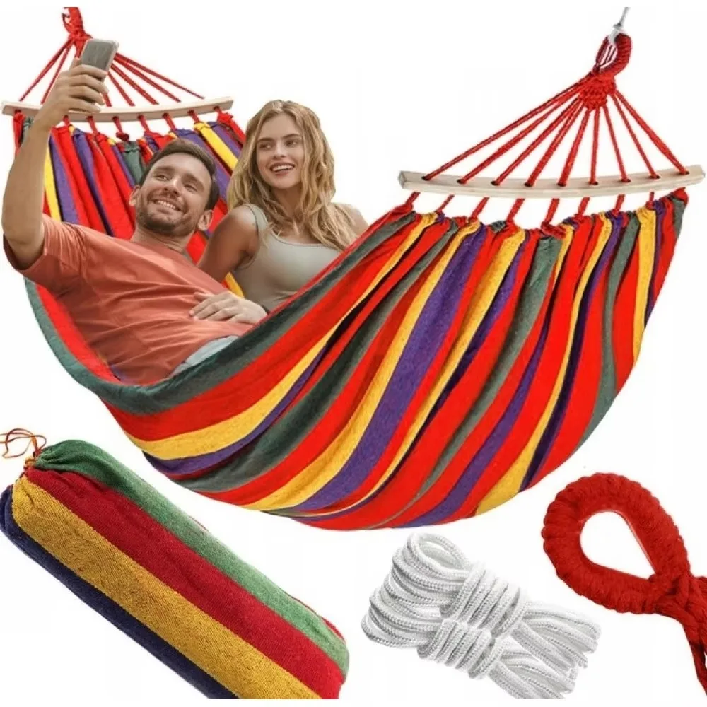 Foldable Fabric Garden Hammock Stand 2-Person Outdoor Furniture Hanging Swing Tropical Design