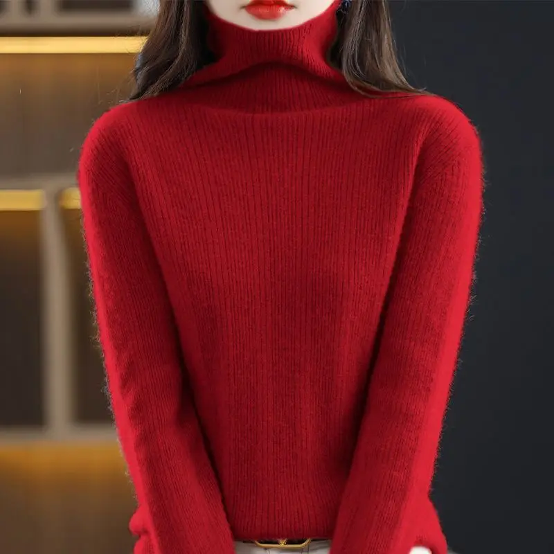Stacked Collar Knitted for Women's Autumn Winter New Thickened Stripped Knitwear with Loose Slim High Neck Sweater Underlay
