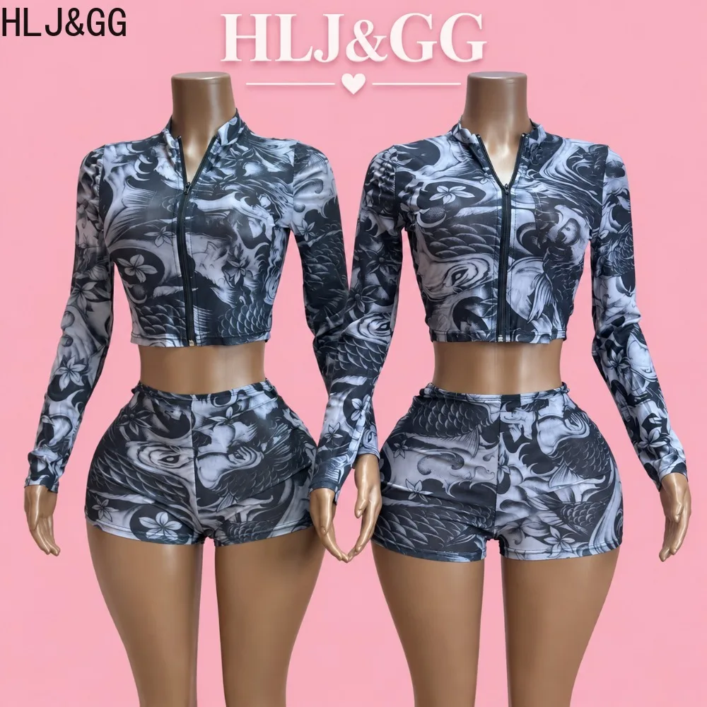 HLJ&GG Women Printed Mesh Two Piece Set Zip Up Long Sleeve Crop Top High Waist Shorts Sexy Bodycon Clubwear Matching Outfits New