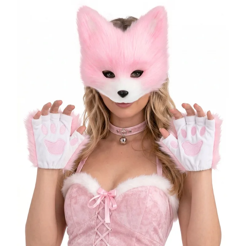 3pcs Fluffy Animal Cosplay Set Fox Wolf Mask Paw Gloves Plush Tail Kigurumi Accessories Halloween Party Costume Role Play Props