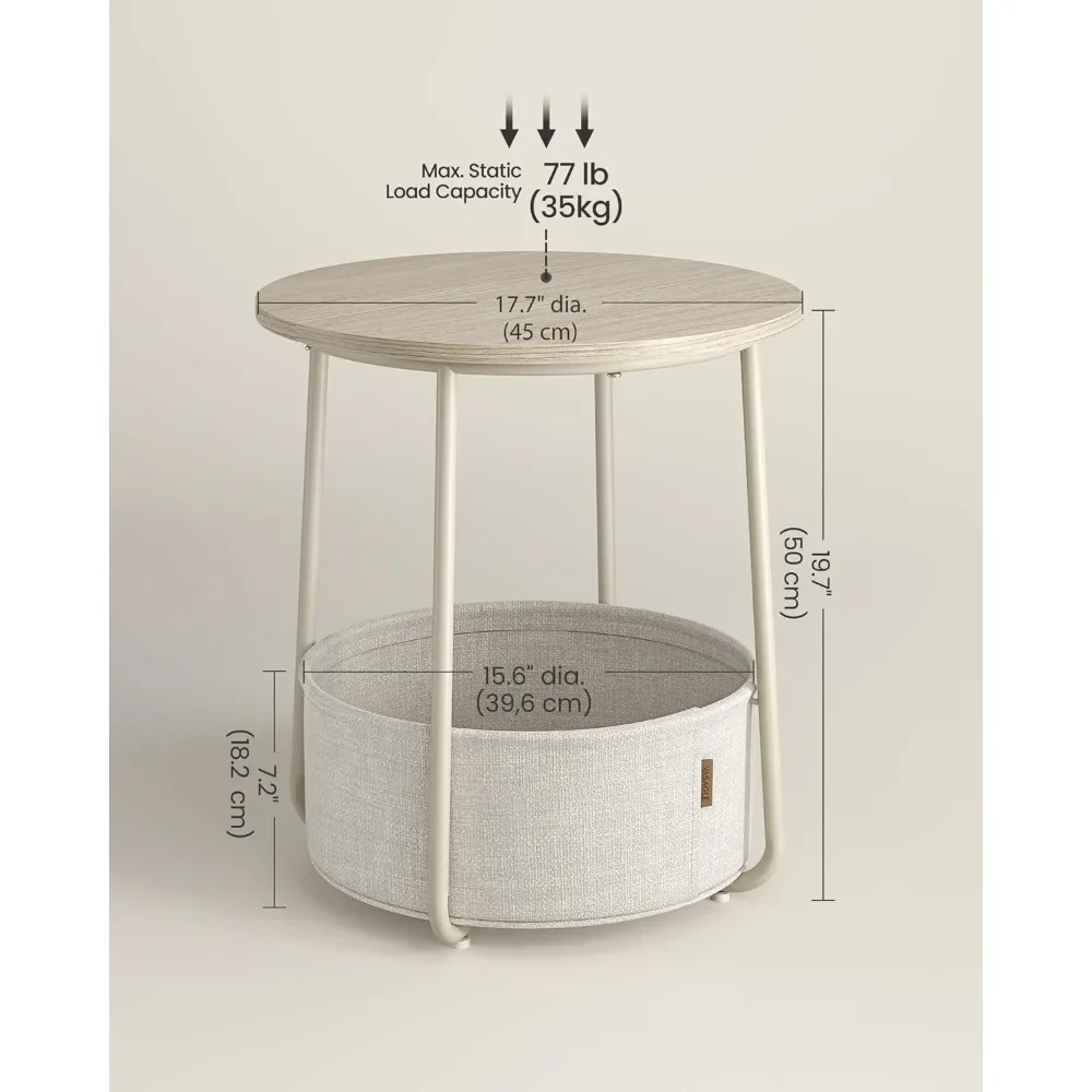 Small Round Side End Table, Modern Nightstand with Fabric Basket