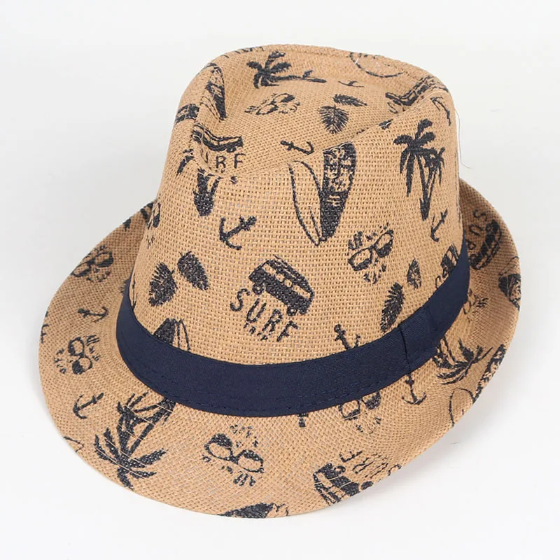 Summer Sun Hat Men 2024 Short Sleeve Fedora Hat Fashion Print Peper Kids Boys Beach Cap