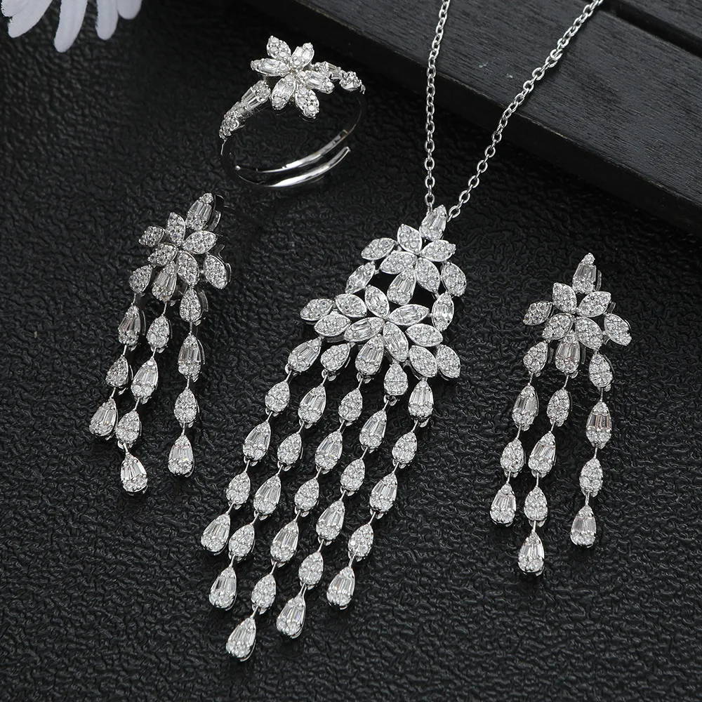 

HIBRIDE Vintage Light Luxury 3 Piece Set Necklace Earrings Ring Women Jewelry for Bride Wedding Everyday Prom Gift S-913