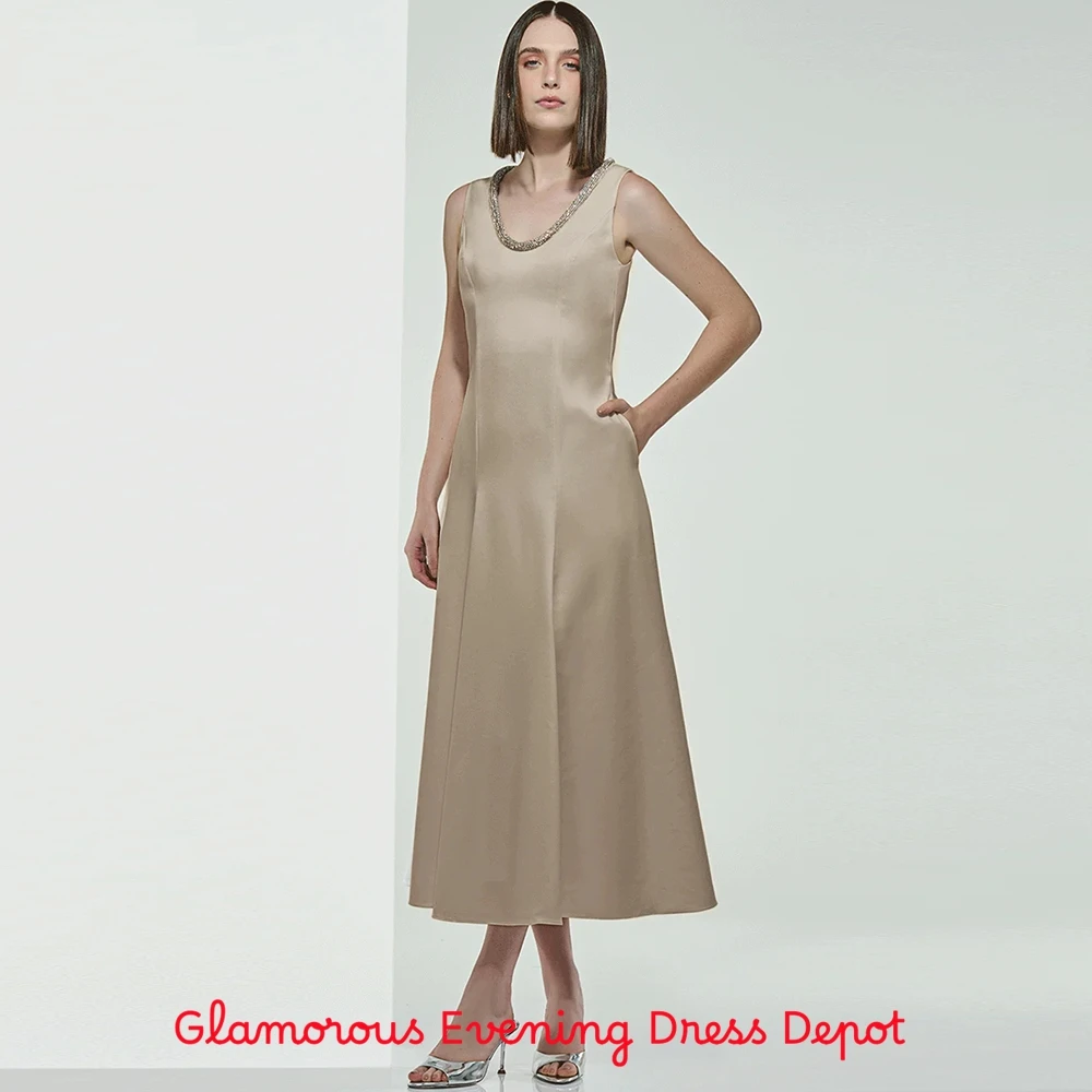 فستان سهرة رشيق من الساتان، فساتين مناسبة خاصة كريستالية رائعة، فساتين كلاسيكية بدون أكمام مخصصة لحفلات العودة للوطن