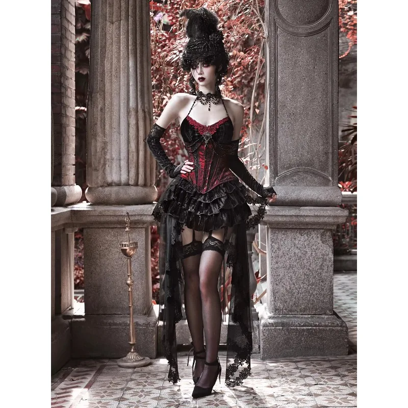 FallenVex Store Women Gothic Black Red Velvet Fishbone Corset Top Slip Skirt 2Pcs Set Halloween Duchess Evening Party Outfit