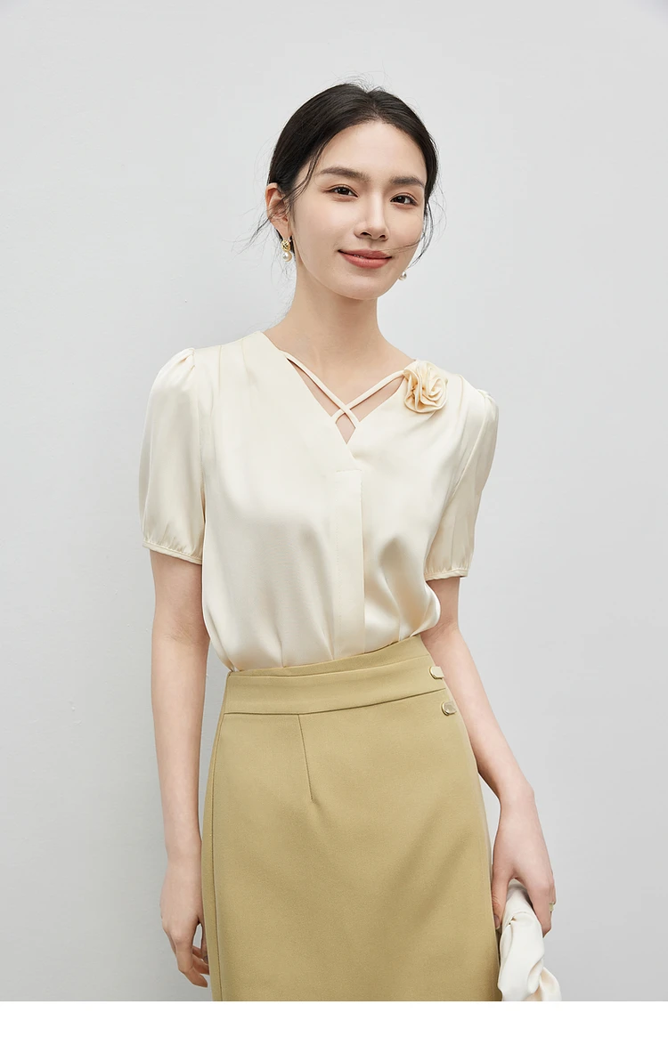 

Sentubila Apricot V-neck Elegant Tie Flowers Chiffon Shirt 2024 Solid Simple Summer Short Sleeve Blouse Pullovers 142V54927