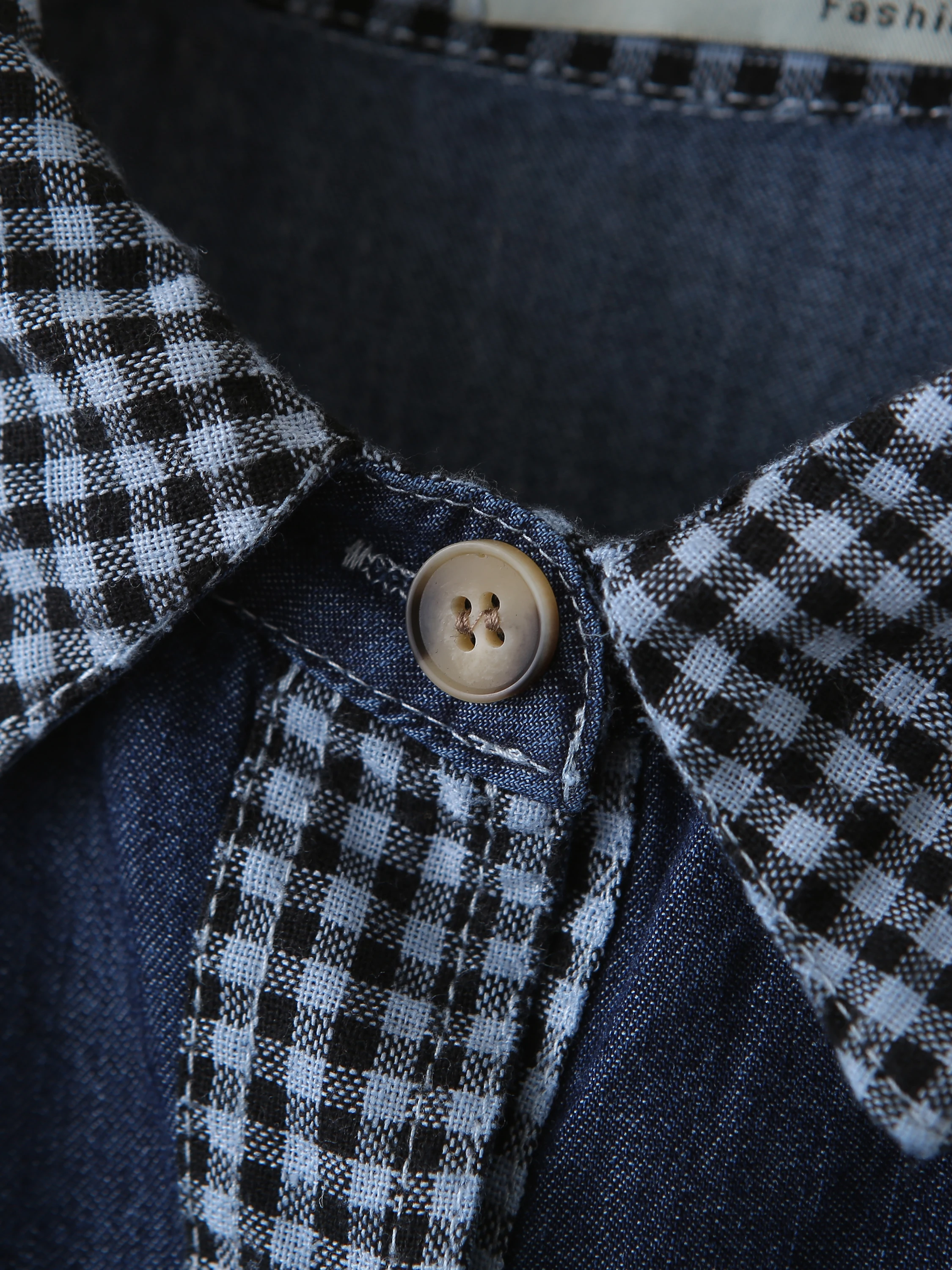 Loose Casual Women's Shirt Oversize Denim Plaid Splicing Casual Style Ladies' Short Coat Polyester Fiber Belly Covering