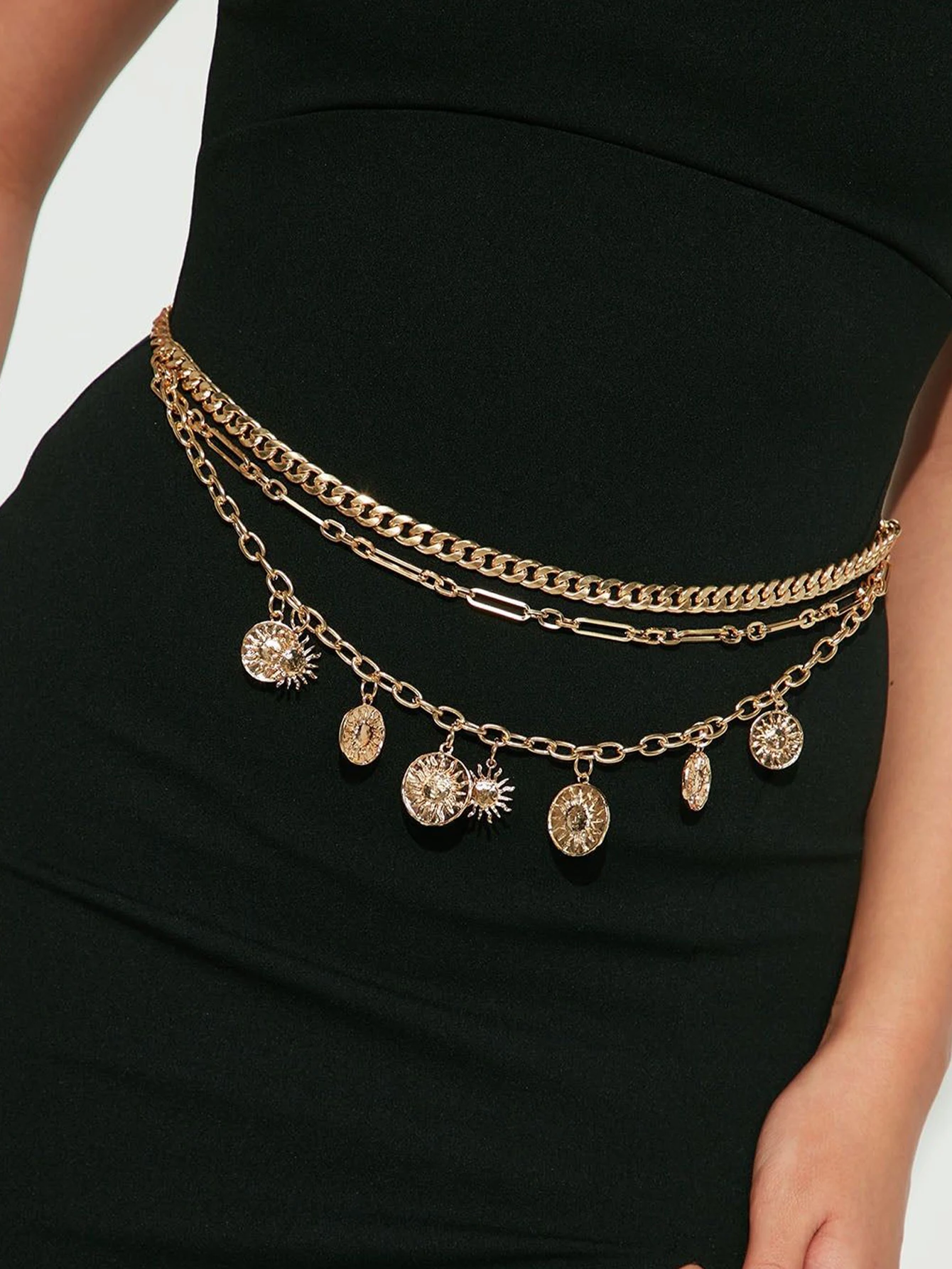 

Ladies' Gold Multi-layer Sun Coin Pendant Chain Waist Chain Fashionable Retro Versatile Temperament Elegant Metal Belt